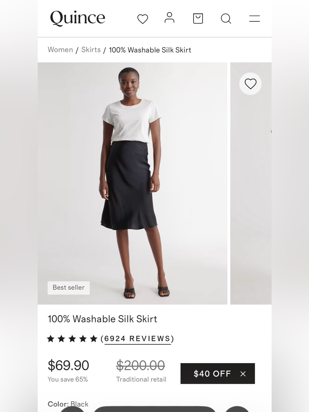 Quince Black Washable Silk Midi Skirt